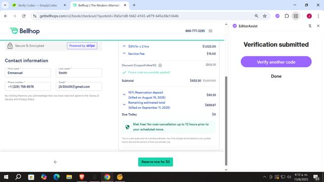 Bellhop checkout page showing Bellhop coupon code box | Screenshot taken by SimplyCodes community member on Aug 13, 2025