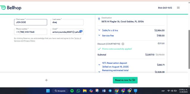 Bellhop checkout page showing Bellhop coupon code box | Screenshot taken by SimplyCodes community member on Aug 14, 2025