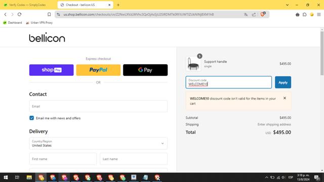 bellicon checkout page showing bellicon discount code box | Screenshot taken by SimplyCodes community member on Aug 13, 2024