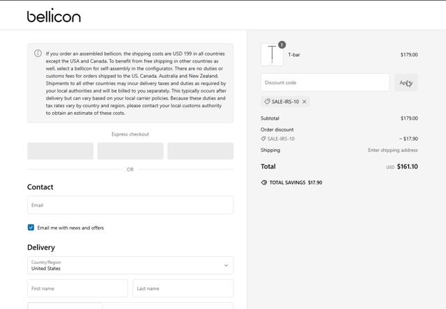 bellicon checkout page showing bellicon discount code box | Screenshot taken by SimplyCodes community member on Dec 27, 2024
