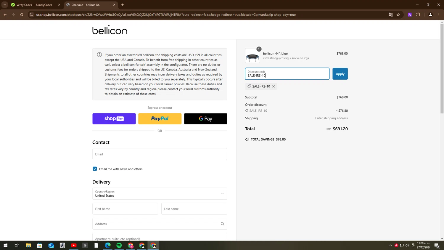 bellicon checkout page showing bellicon discount code box | Screenshot taken by SimplyCodes community member on Dec 27, 2024