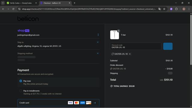 bellicon checkout page showing bellicon discount code box | Screenshot taken by SimplyCodes community member on Apr 28, 2025