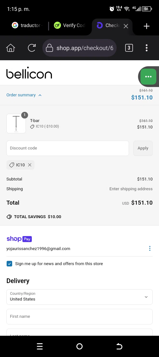 bellicon checkout page showing bellicon discount code box | Screenshot taken by SimplyCodes community member on Apr 14, 2025