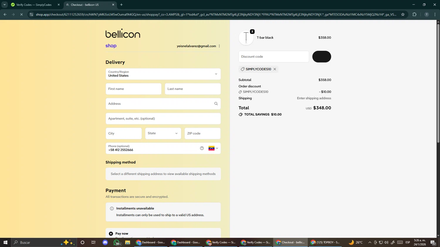 bellicon checkout page showing bellicon discount code box | Screenshot taken by SimplyCodes community member on Jan 24, 2026