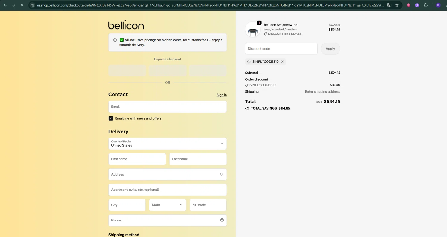 bellicon checkout page showing bellicon discount code box | Screenshot taken by SimplyCodes community member on Feb 20, 2026