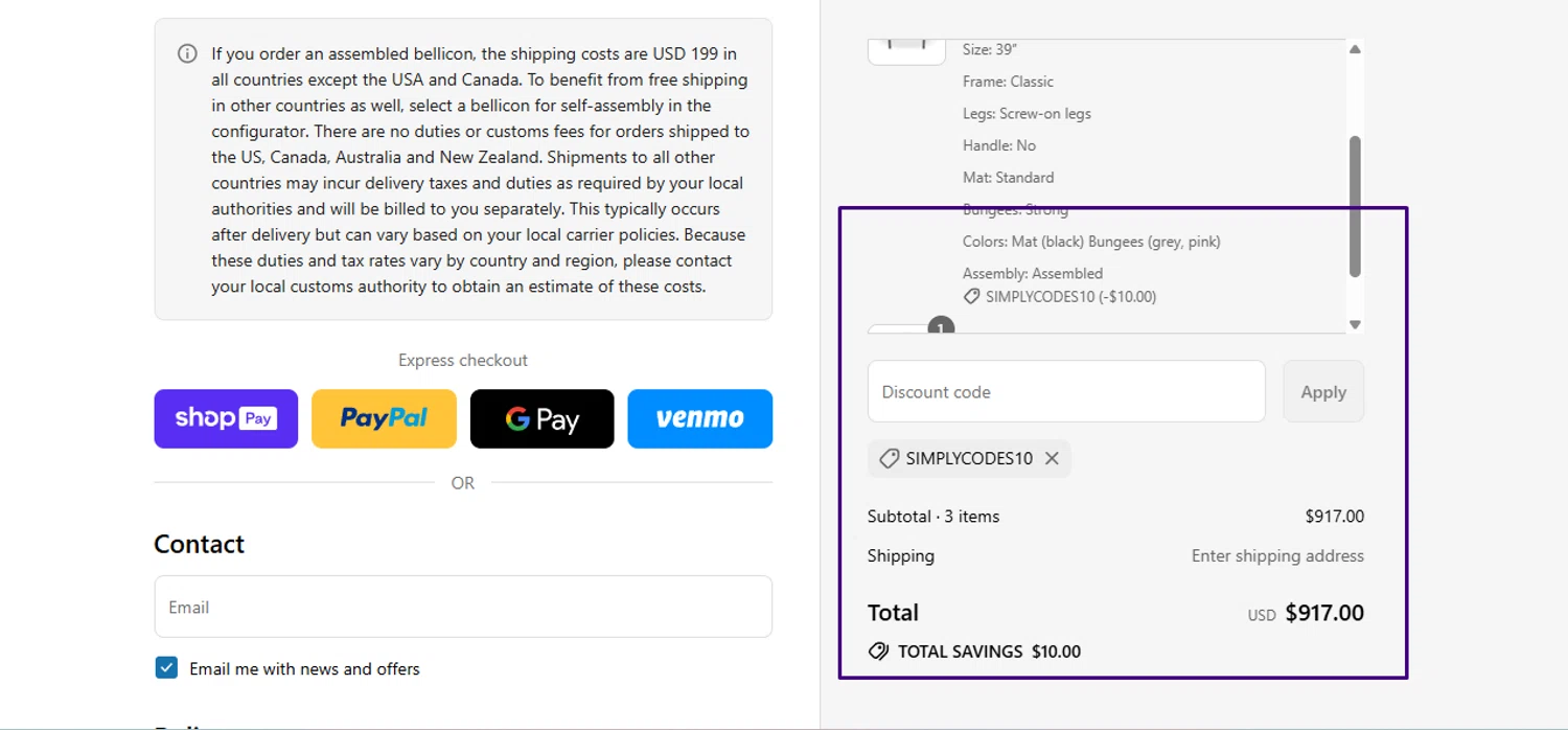 bellicon discount code screenshot showing code SIMPLYCODES10 applied at bellicon checkout page. Uploaded by SimplyCodes community member Swiftdealz on Aug 12, 2025