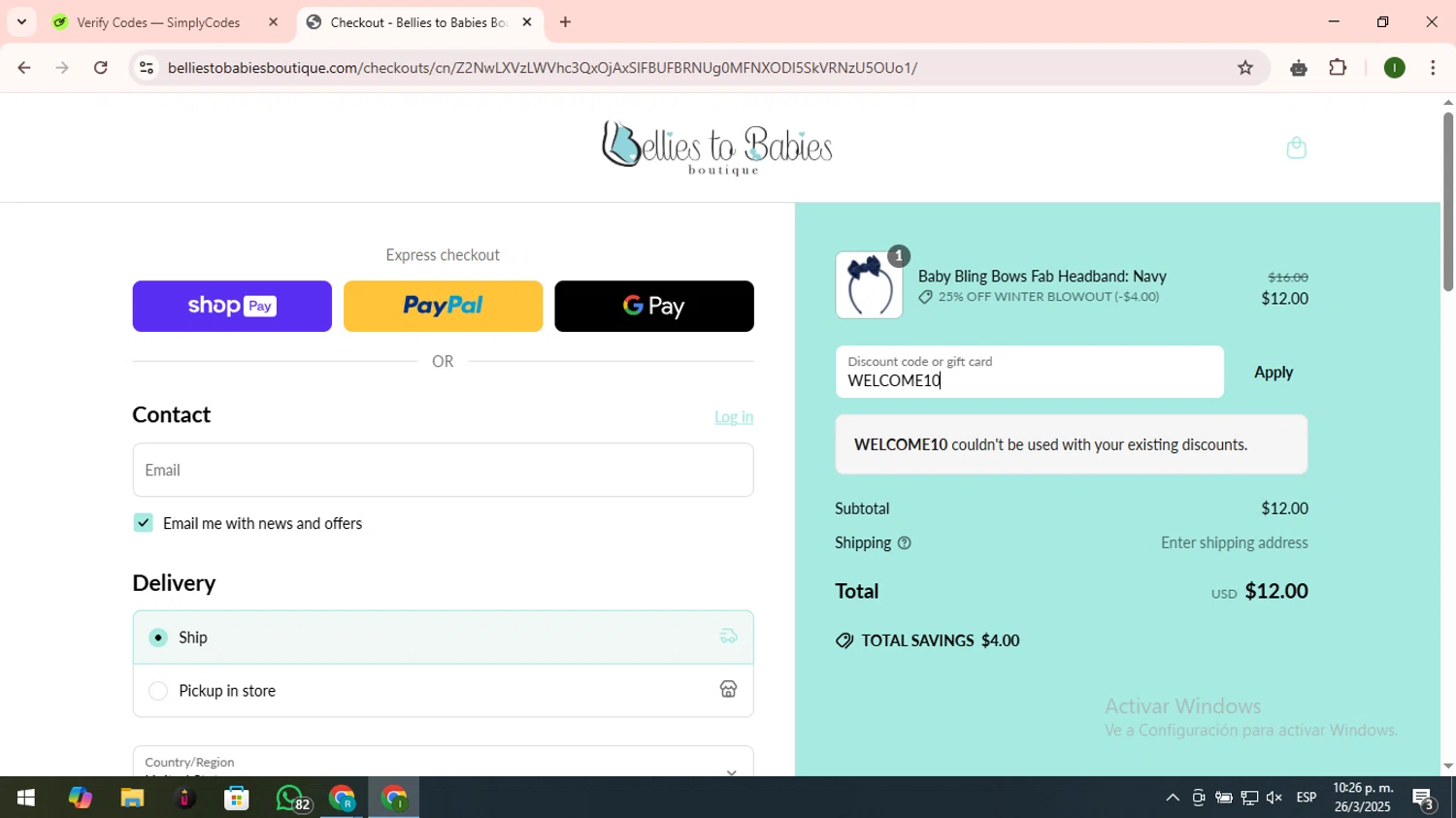 Bellies to Babies Boutique promo code screenshot showing code WELCOME10 applied at Bellies to Babies Boutique checkout page. Uploaded by SimplyCodes community member LuckyNavigator1490 on Mar 27, 2025