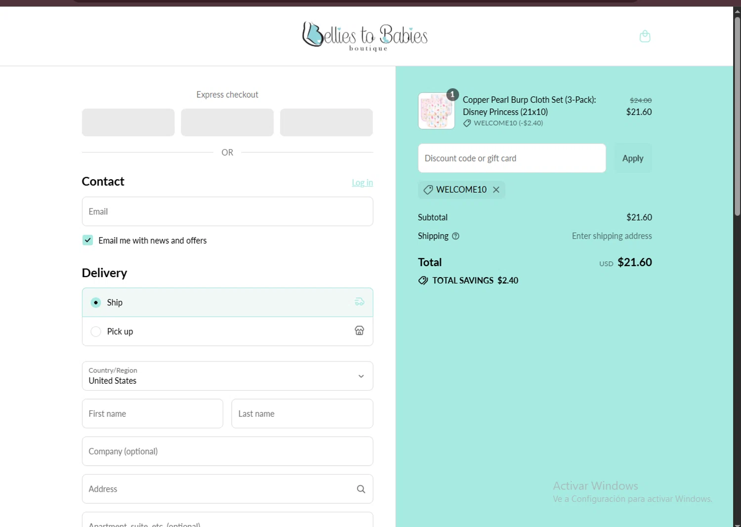 Bellies to Babies Boutique promo code screenshot showing code WELCOME10 applied at Bellies to Babies Boutique checkout page. Uploaded by SimplyCodes community member VoucherRanger9105 on Aug 22, 2025