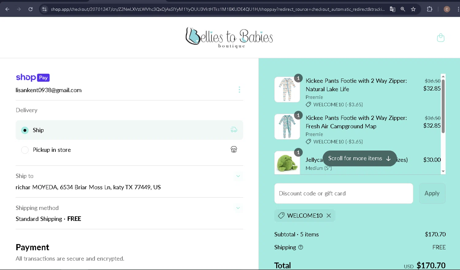 Bellies to Babies Boutique promo code screenshot showing code WELCOME10 applied at Bellies to Babies Boutique checkout page. Uploaded by SimplyCodes community member carlosra07 on May 12, 2025