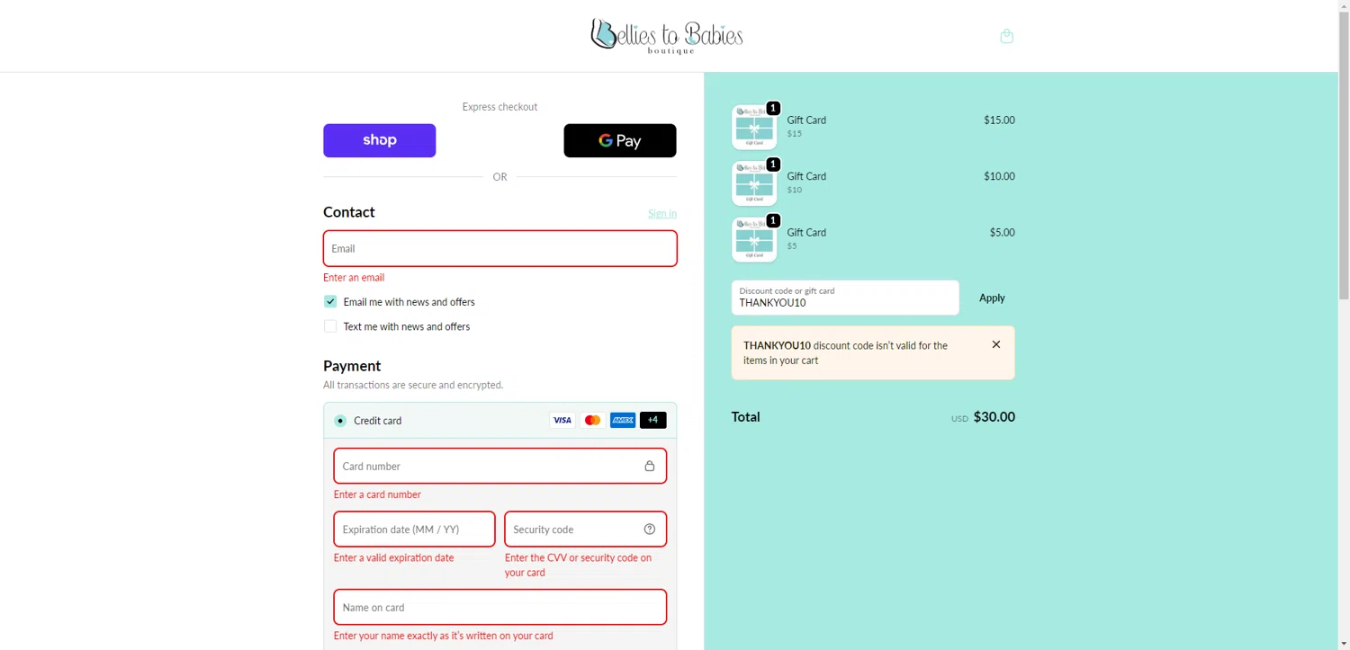 Bellies to Babies Boutique promo code screenshot showing code THANKYOU10 applied at Bellies to Babies Boutique checkout page. Uploaded by SimplyCodes community member BrilliantRanger9984 on Oct 6, 2025