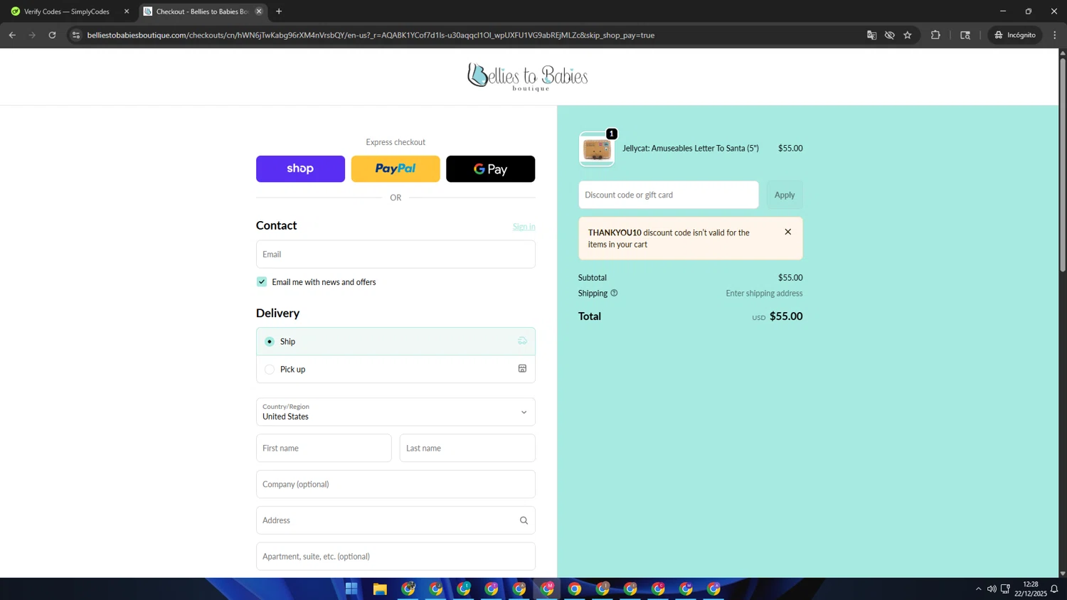 Bellies to Babies Boutique promo code screenshot showing code THANKYOU10 applied at Bellies to Babies Boutique checkout page. Uploaded by SimplyCodes community member CBR600 on Dec 22, 2025