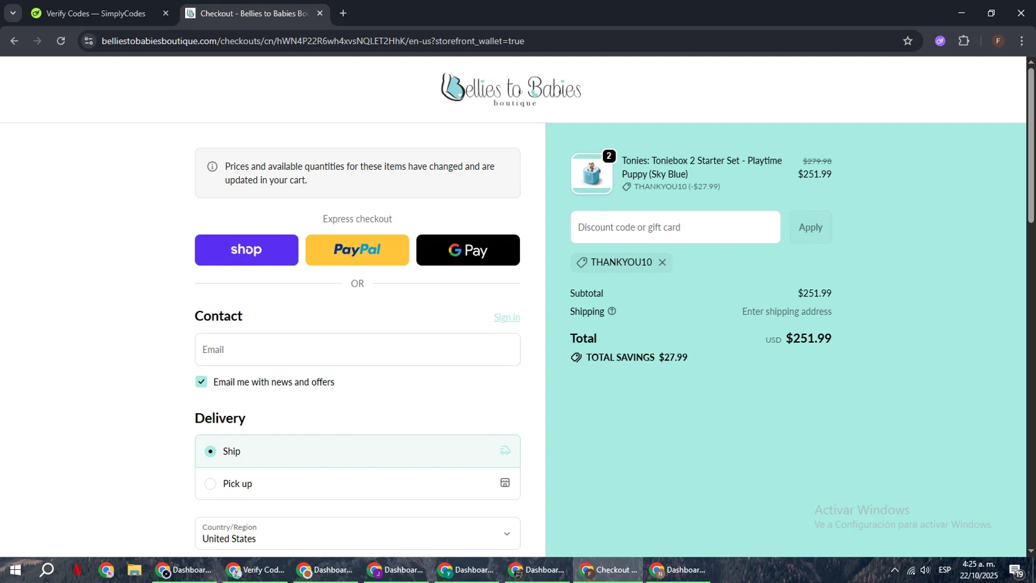 Bellies to Babies Boutique promo code screenshot showing code THANKYOU10 applied at Bellies to Babies Boutique checkout page. Uploaded by SimplyCodes community member ExtraordinaryHunter3076 on Oct 22, 2025