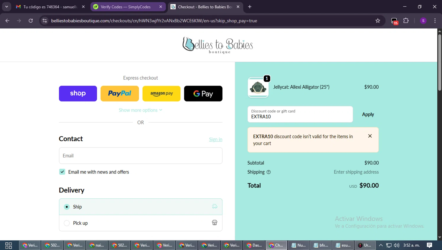 Bellies to Babies Boutique promo code screenshot showing code EXTRA10 applied at Bellies to Babies Boutique checkout page. Uploaded by SimplyCodes community member ShieldWarden7838 on Oct 10, 2025