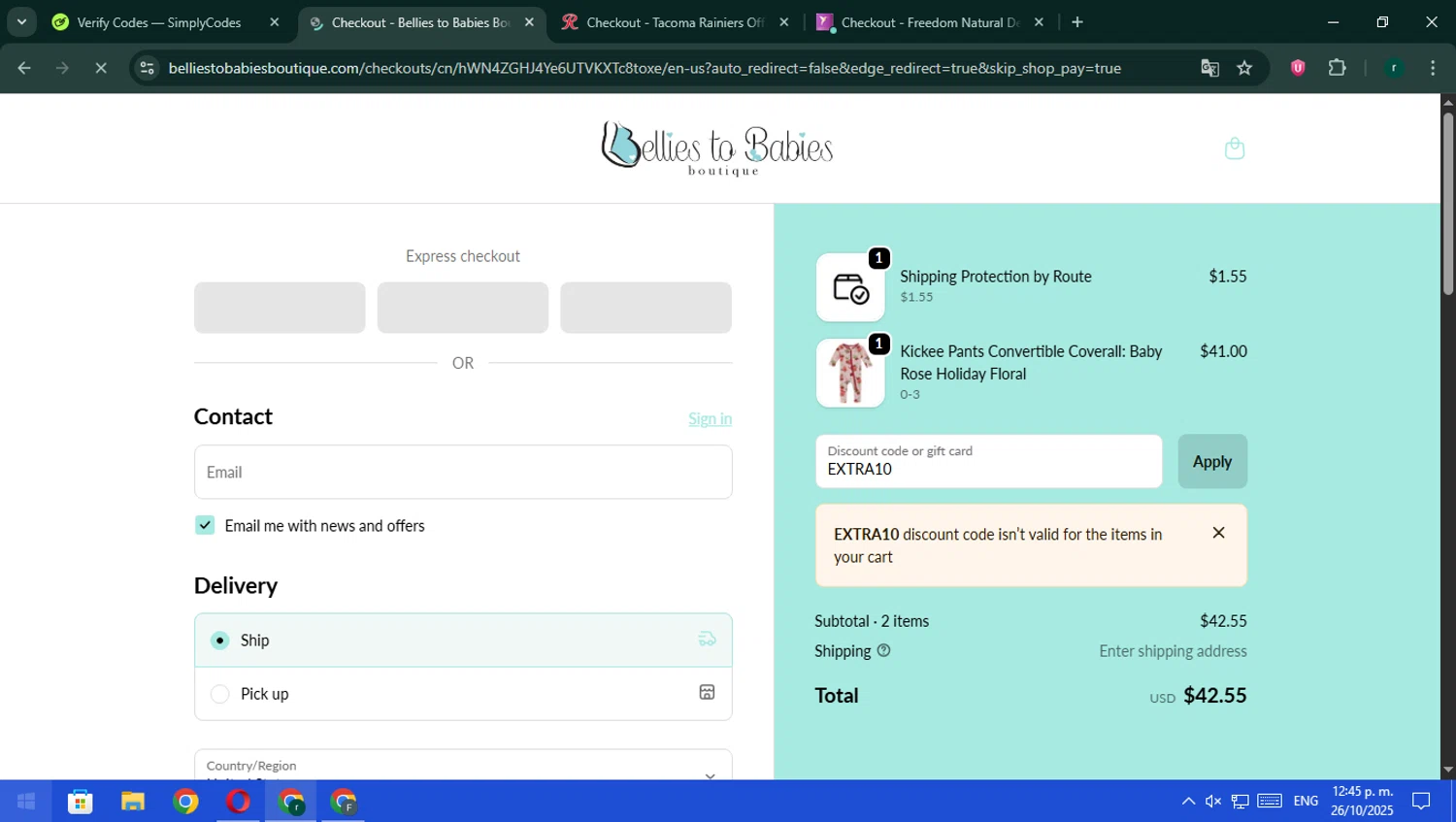 Bellies to Babies Boutique promo code screenshot showing code EXTRA10 applied at Bellies to Babies Boutique checkout page. Uploaded by SimplyCodes community member rodri1 on Oct 26, 2025
