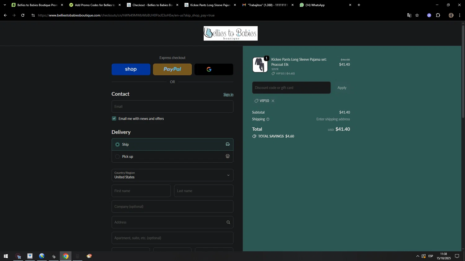 Bellies to Babies Boutique promo code screenshot showing code VIP10 applied at Bellies to Babies Boutique checkout page. Uploaded by SimplyCodes community member MarcosAranguren on Oct 15, 2025