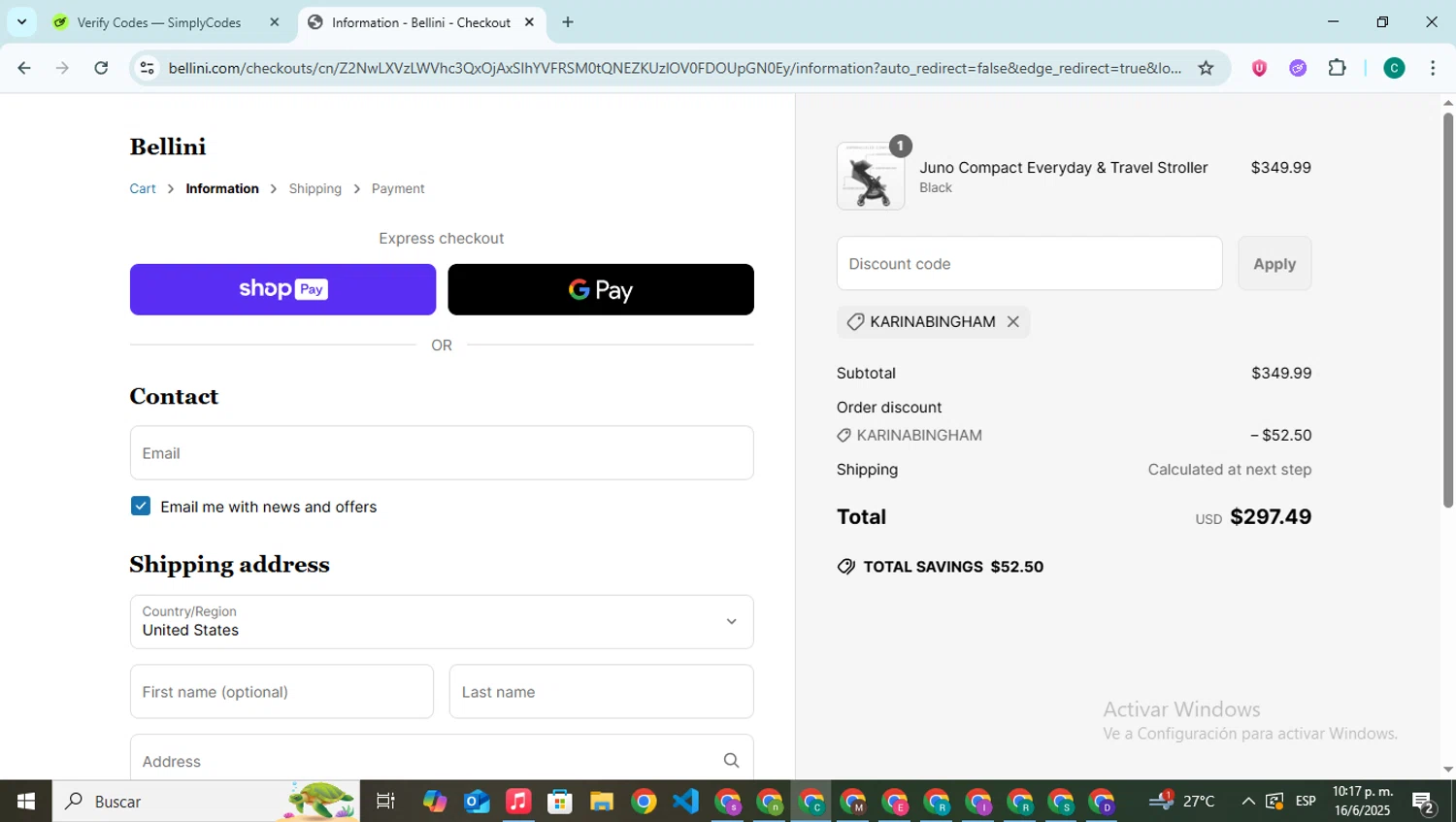 Bellini Furniture promo code screenshot showing code KARINABINGHAM applied at Bellini Furniture checkout page. Uploaded by SimplyCodes community member BonusPilot927 on Jun 17, 2025