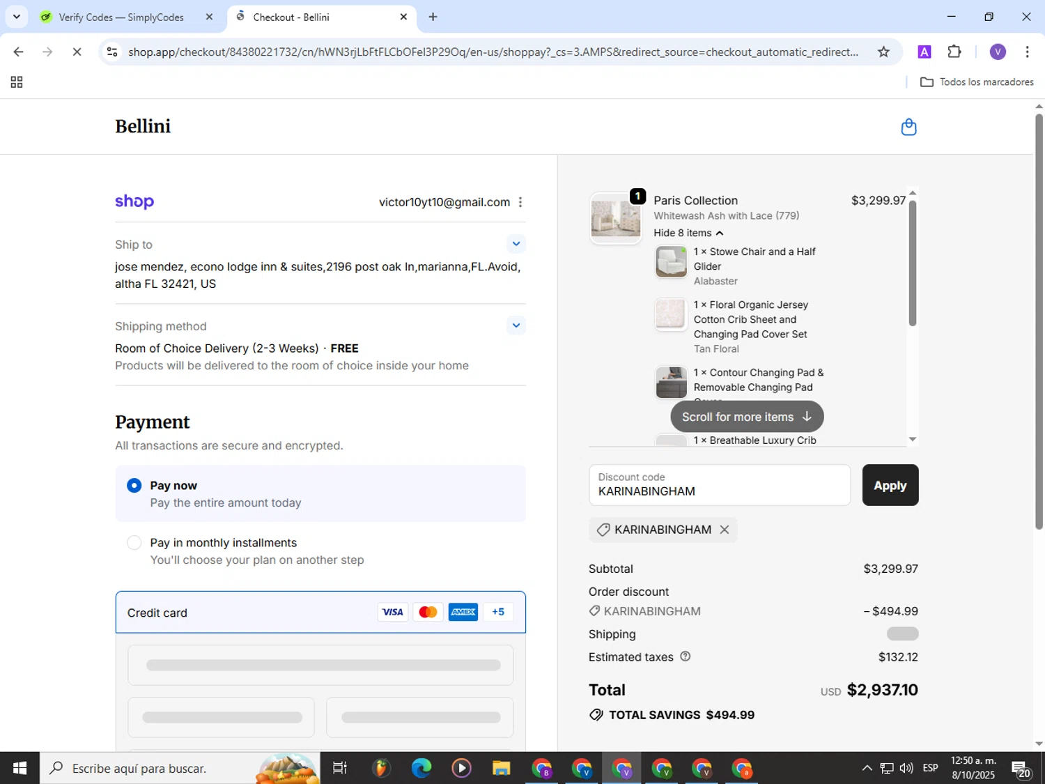 Bellini Furniture promo code screenshot showing code KARINABINGHAM applied at Bellini Furniture checkout page. Uploaded by SimplyCodes community member Satoru_gojo on Oct 8, 2025
