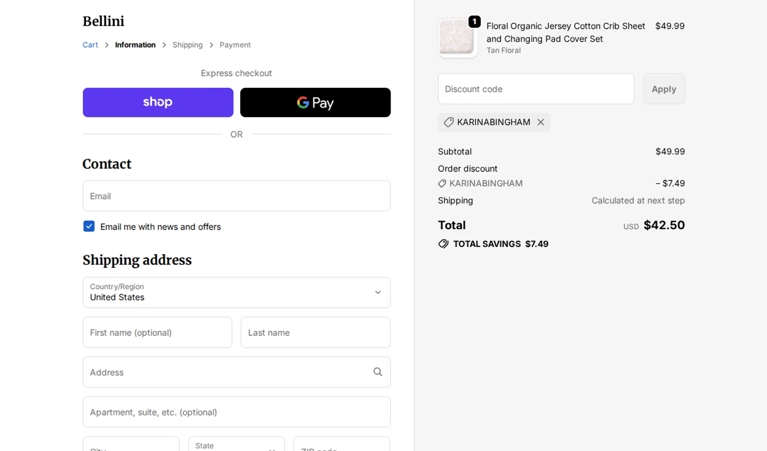 Bellini Furniture promo code screenshot showing code KARINABINGHAM applied at Bellini Furniture checkout page. Uploaded by SimplyCodes community member alexbrown on Oct 8, 2025
