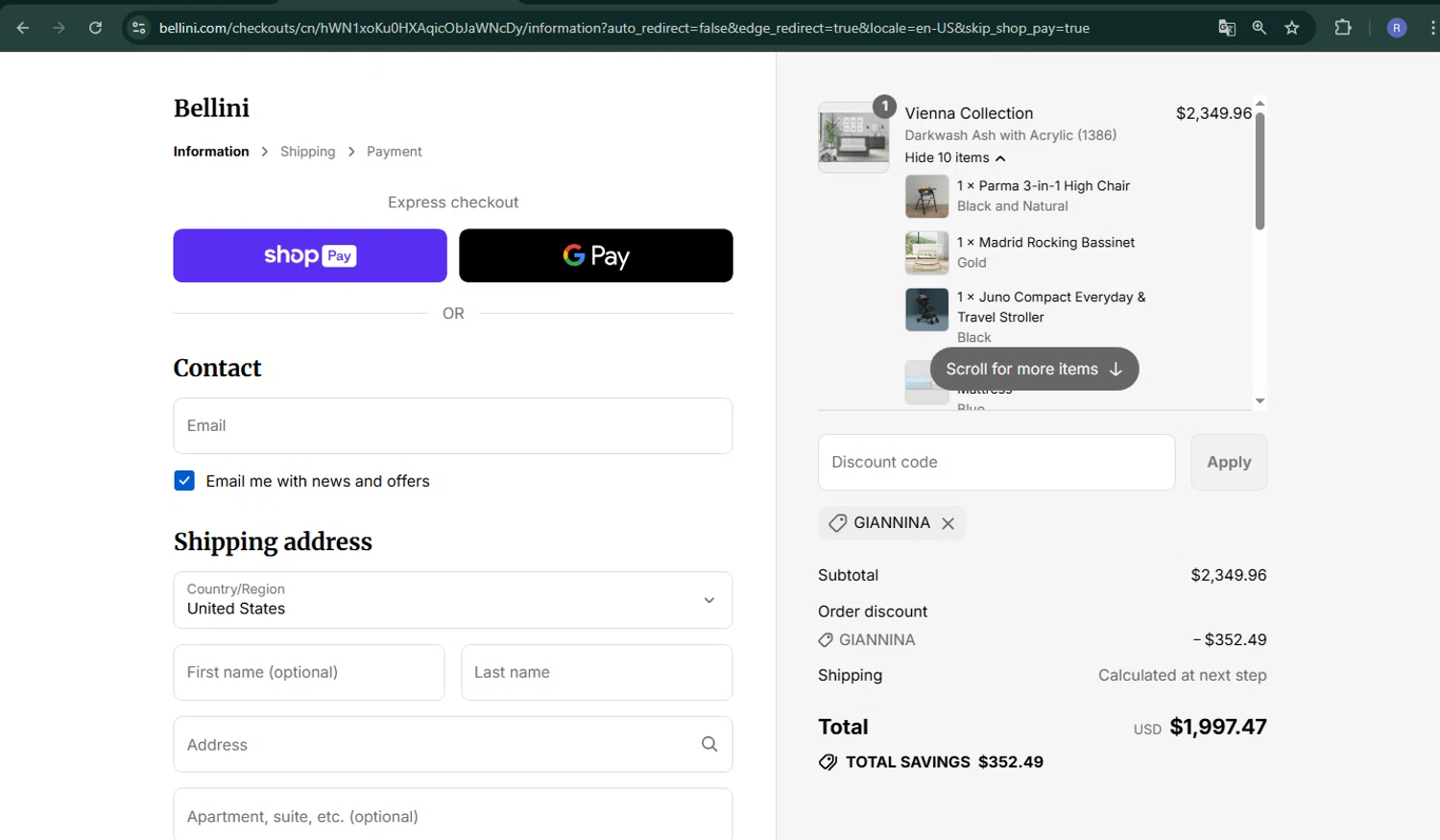 Bellini Furniture promo code screenshot showing code GIANNINA applied at Bellini Furniture checkout page. Uploaded by SimplyCodes community member CoinPilot9113 on Aug 19, 2025