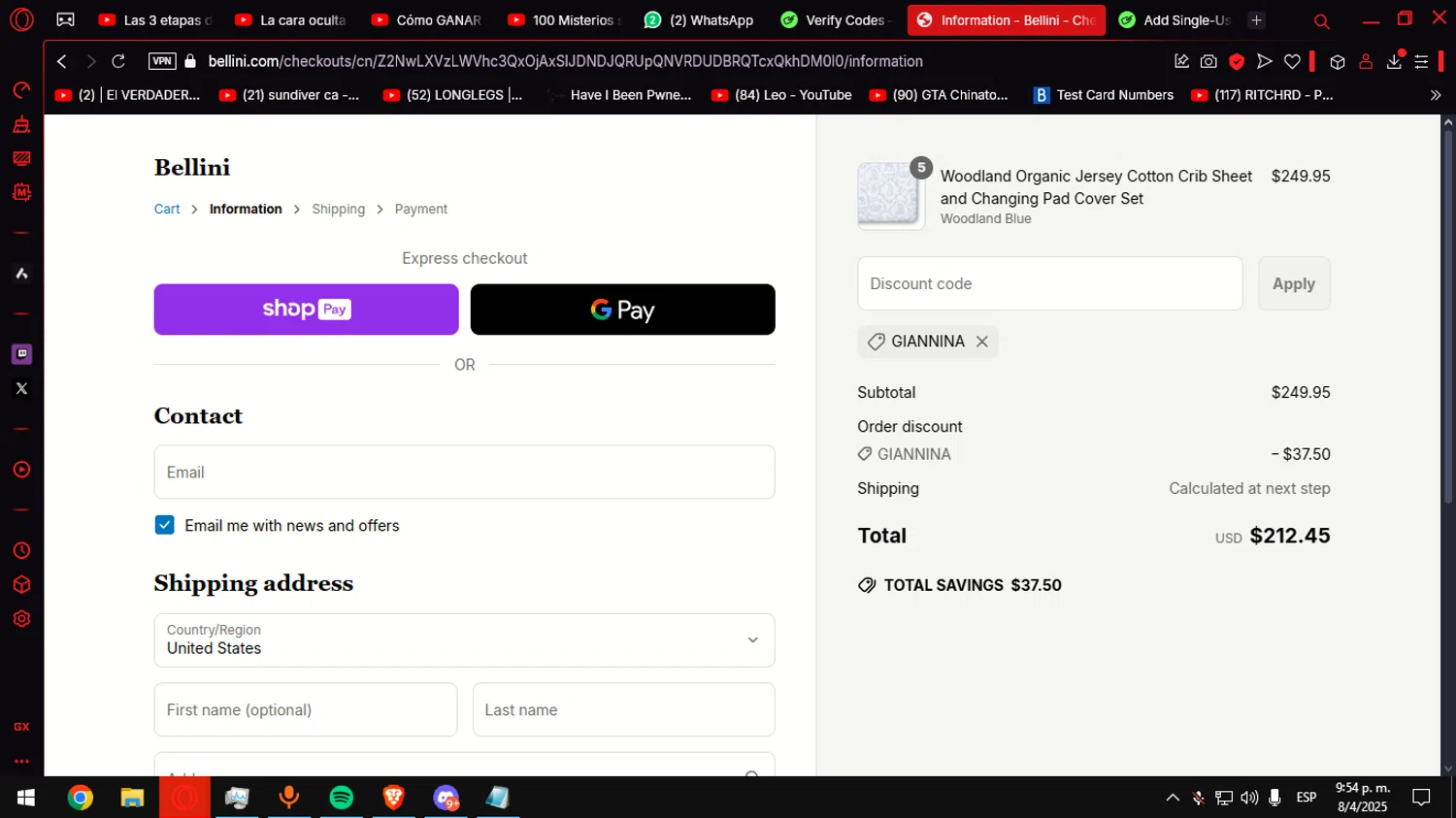 Bellini Furniture promo code screenshot showing code GIANNINA applied at Bellini Furniture checkout page. Uploaded by SimplyCodes community member Helpme on Apr 9, 2025