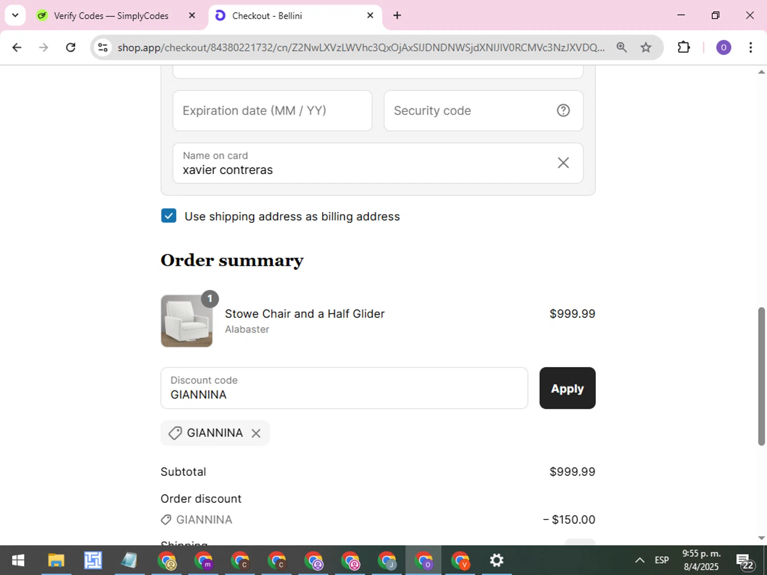 Bellini Furniture promo code screenshot showing code GIANNINA applied at Bellini Furniture checkout page. Uploaded by SimplyCodes community member CleverLynx8245 on Apr 9, 2025