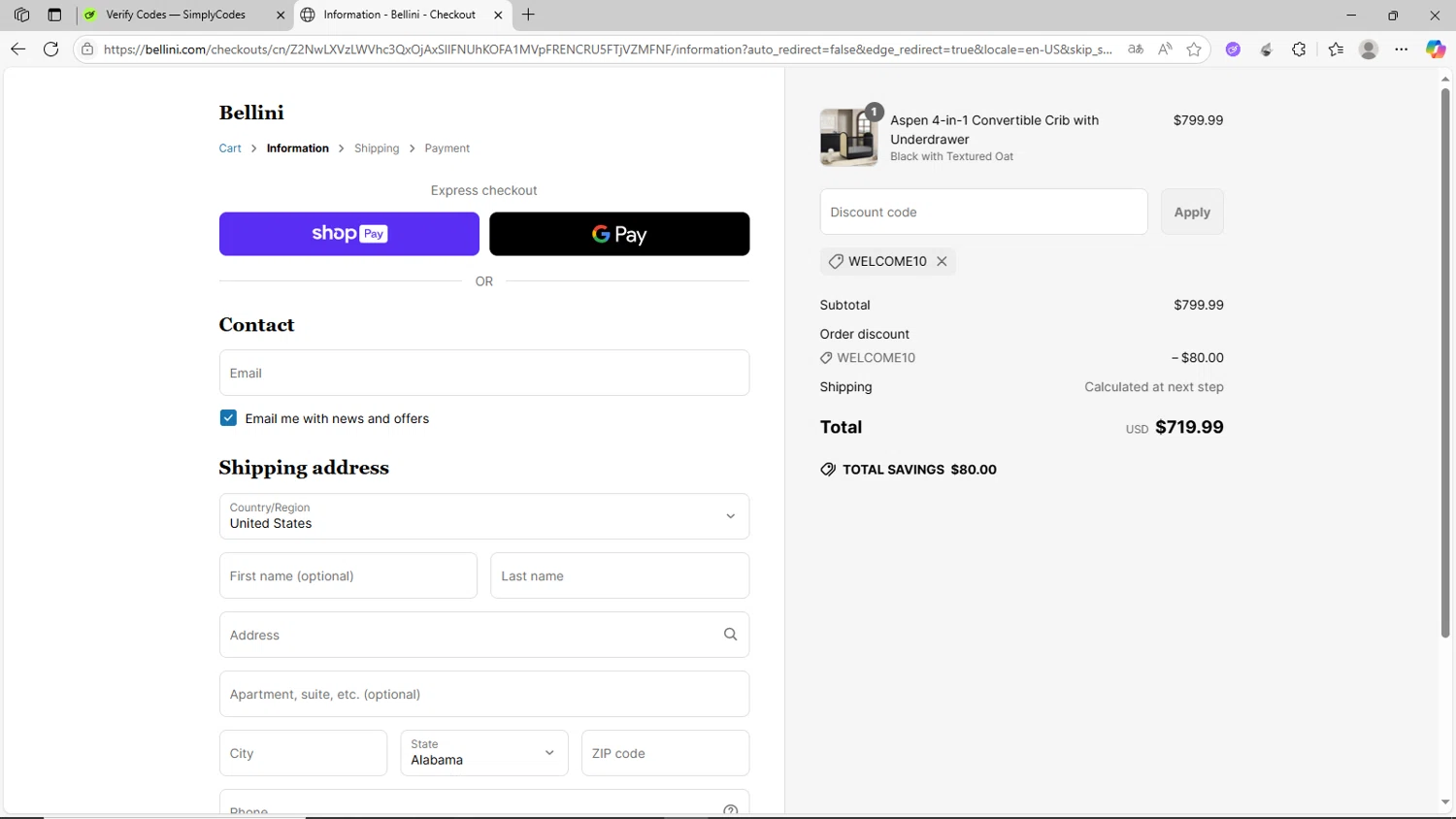Bellini Furniture promo code screenshot showing code WELCOME10 applied at Bellini Furniture checkout page. Uploaded by SimplyCodes community member CrownShopper2899 on Jun 23, 2025