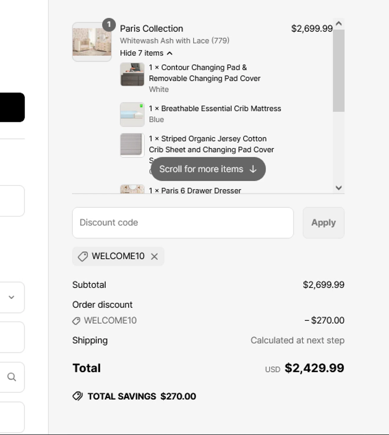Bellini Furniture promo code screenshot showing code WELCOME10 applied at Bellini Furniture checkout page. Uploaded by SimplyCodes community member CRYSTALSUICINE on May 19, 2025