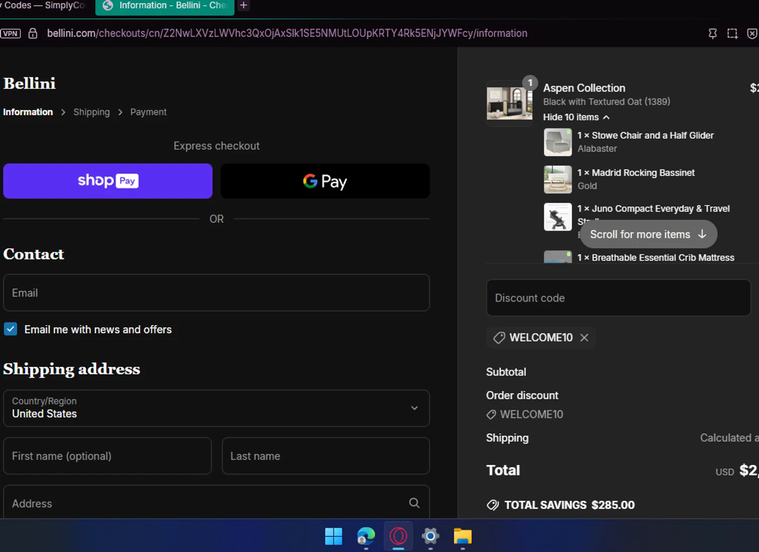Bellini Furniture promo code screenshot showing code WELCOME10 applied at Bellini Furniture checkout page. Uploaded by SimplyCodes community member chepipi on Jun 20, 2025