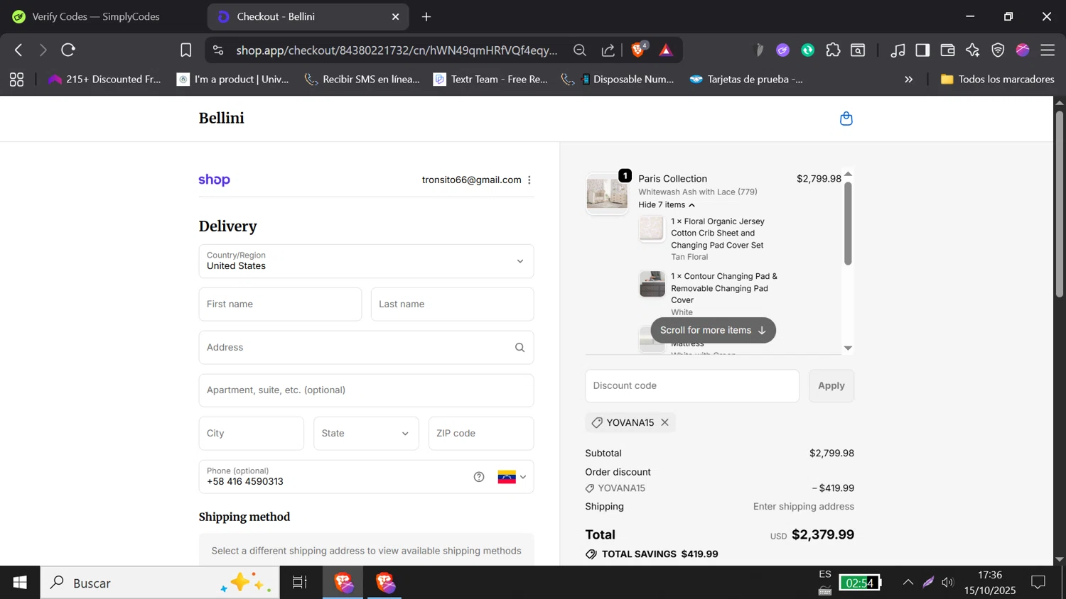 Bellini Furniture promo code screenshot showing code YOVANA15 applied at Bellini Furniture checkout page. Uploaded by SimplyCodes community member DORIANGEL on Oct 15, 2025