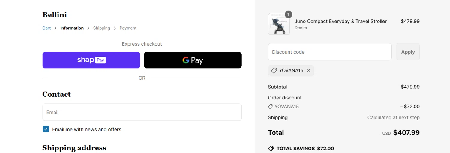 Bellini Furniture promo code screenshot showing code YOVANA15 applied at Bellini Furniture checkout page. Uploaded by SimplyCodes community member ashe1986 on Jun 23, 2025