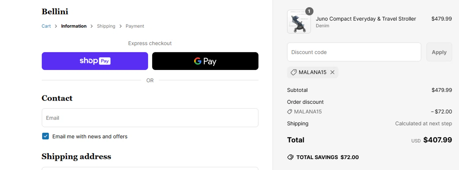 Bellini Furniture promo code screenshot showing code MALANA15 applied at Bellini Furniture checkout page. Uploaded by SimplyCodes community member ashe1986 on Jun 23, 2025
