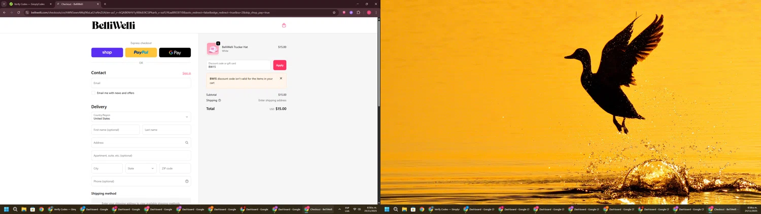 BelliWelli discount code screenshot showing code BW15 applied at BelliWelli checkout page. Uploaded by SimplyCodes community member CouponSage7331 on Nov 24, 2025