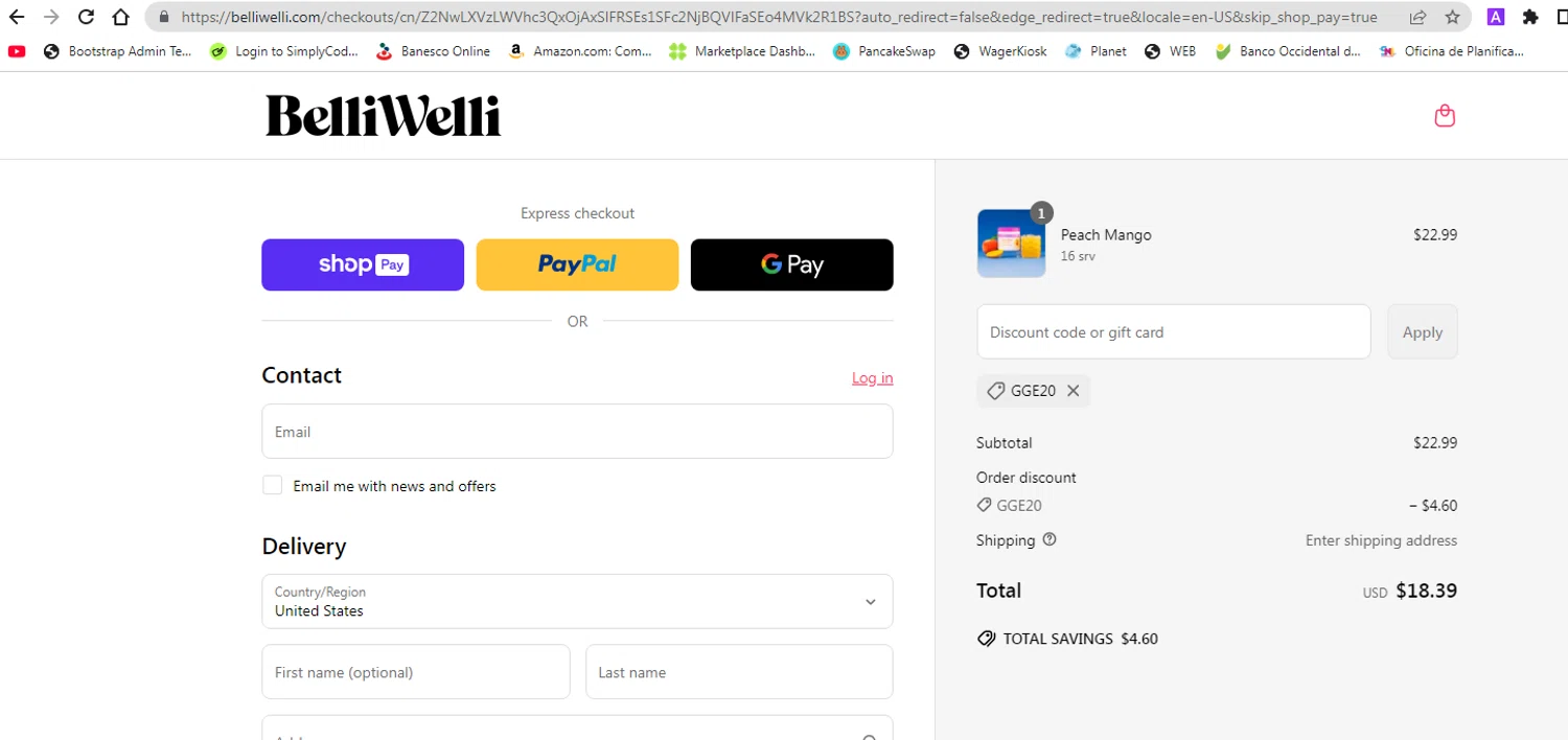 BelliWelli discount code screenshot showing code GGE20 applied at BelliWelli checkout page. Uploaded by SimplyCodes community member pollima on Apr 1, 2025