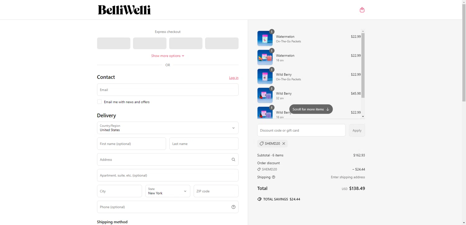 BelliWelli discount code screenshot showing code SHEMD20 applied at BelliWelli checkout page. Uploaded by SimplyCodes community member CleverHawk1744 on Jun 10, 2025