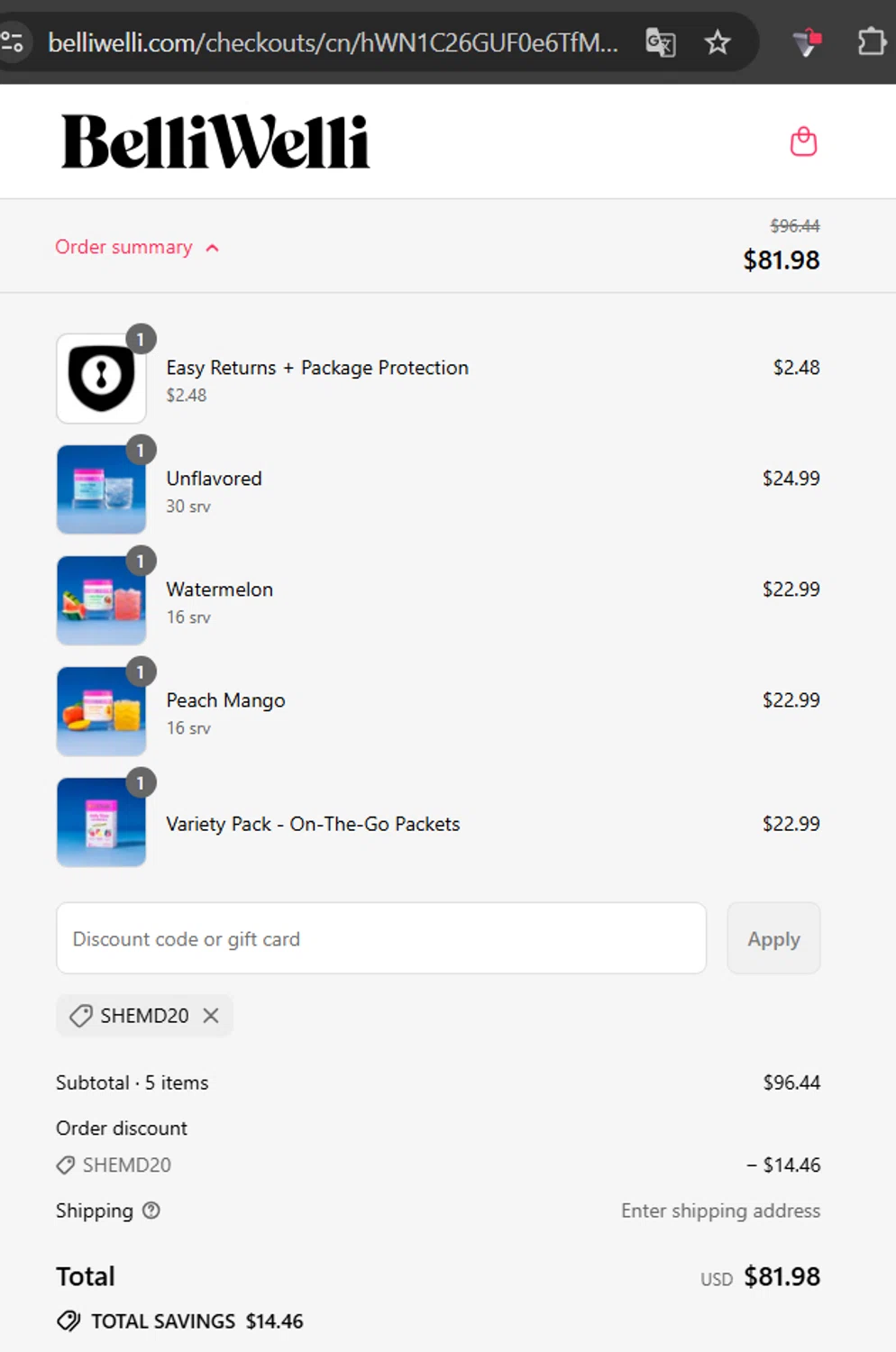 BelliWelli discount code screenshot showing code SHEMD20 applied at BelliWelli checkout page. Uploaded by SimplyCodes community member TheYeffry on Jul 29, 2025