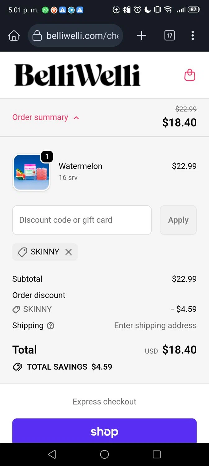 BelliWelli discount code screenshot showing code SKINNY applied at BelliWelli checkout page. Uploaded by SimplyCodes community member Georgeshalan on Nov 20, 2025