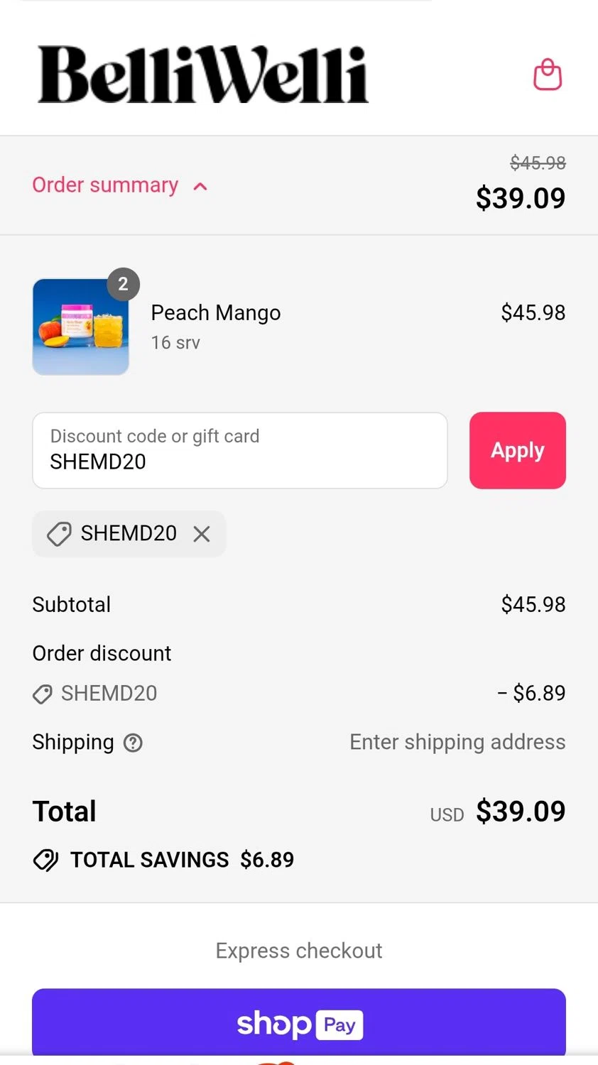 BelliWelli discount code screenshot showing code SHEMD20 applied at BelliWelli checkout page. Uploaded by SimplyCodes community member JuanMonge on Jul 29, 2025