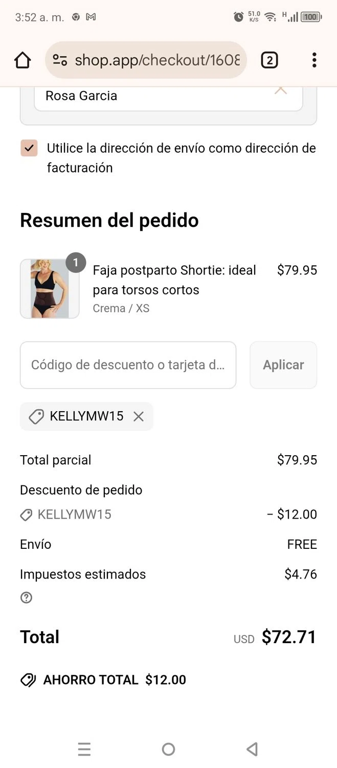 Belly Bandit discount code screenshot showing code KELLYMW15 applied at Belly Bandit checkout page. Uploaded by SimplyCodes community member 220919 on May 26, 2025