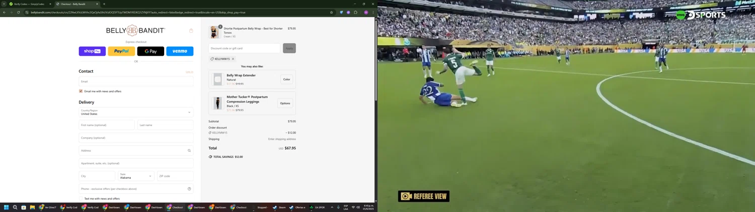 Belly Bandit discount code screenshot showing code KELLYMW15 applied at Belly Bandit checkout page. Uploaded by SimplyCodes community member PennyWizard1195 on Jun 15, 2025
