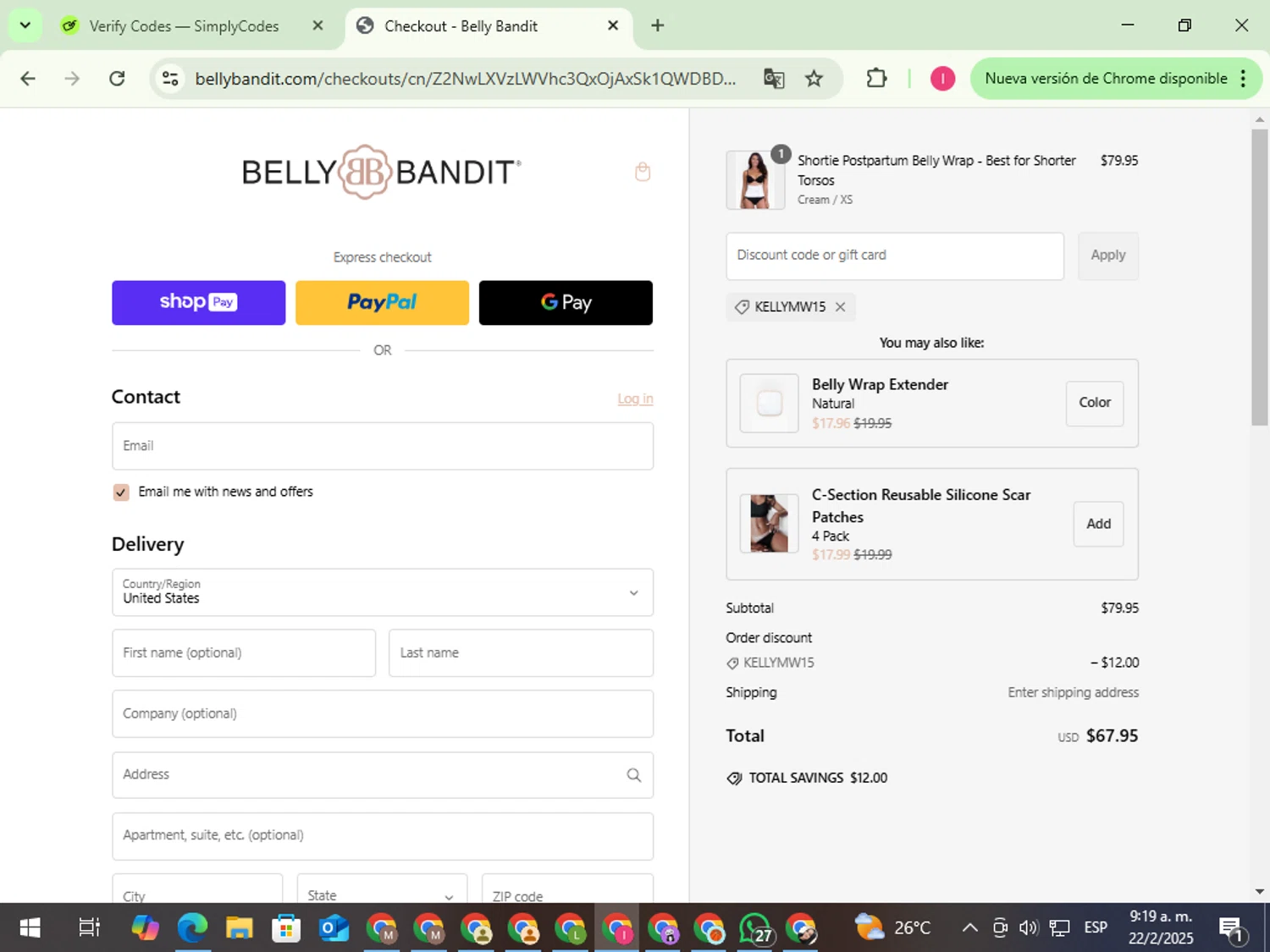 Belly Bandit discount code screenshot showing code KELLYMW15 applied at Belly Bandit checkout page. Uploaded by SimplyCodes community member FortunateExpert1626 on Feb 22, 2025