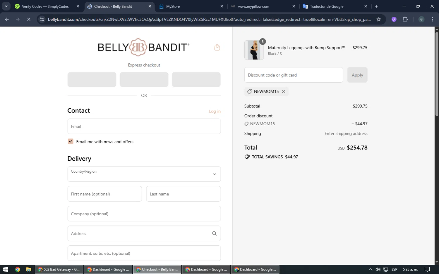 Belly Bandit discount code screenshot showing code NEWMOM15 applied at Belly Bandit checkout page. Uploaded by SimplyCodes community member TOUSEN on Jul 10, 2025