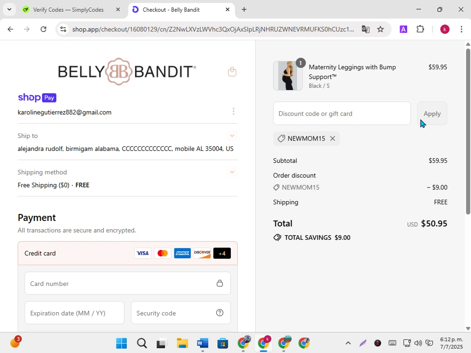 Belly Bandit discount code screenshot showing code NEWMOM15 applied at Belly Bandit checkout page. Uploaded by SimplyCodes community member karoline on Jul 7, 2025
