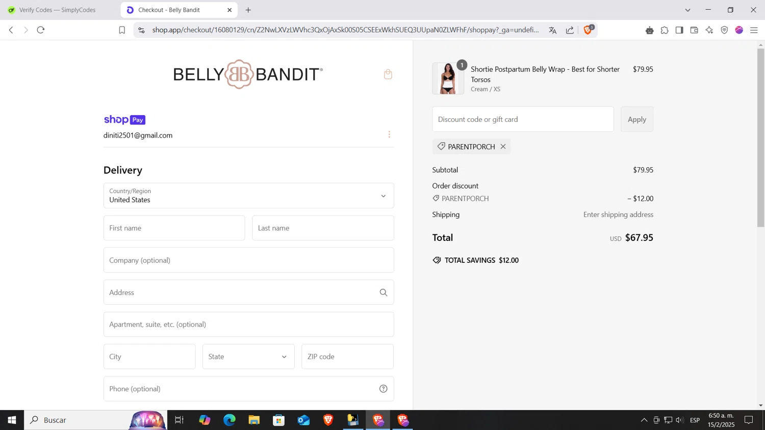 Belly Bandit discount code screenshot showing code PARENTPORCH applied at Belly Bandit checkout page. Uploaded by SimplyCodes community member AnthonyGTX on Feb 15, 2025