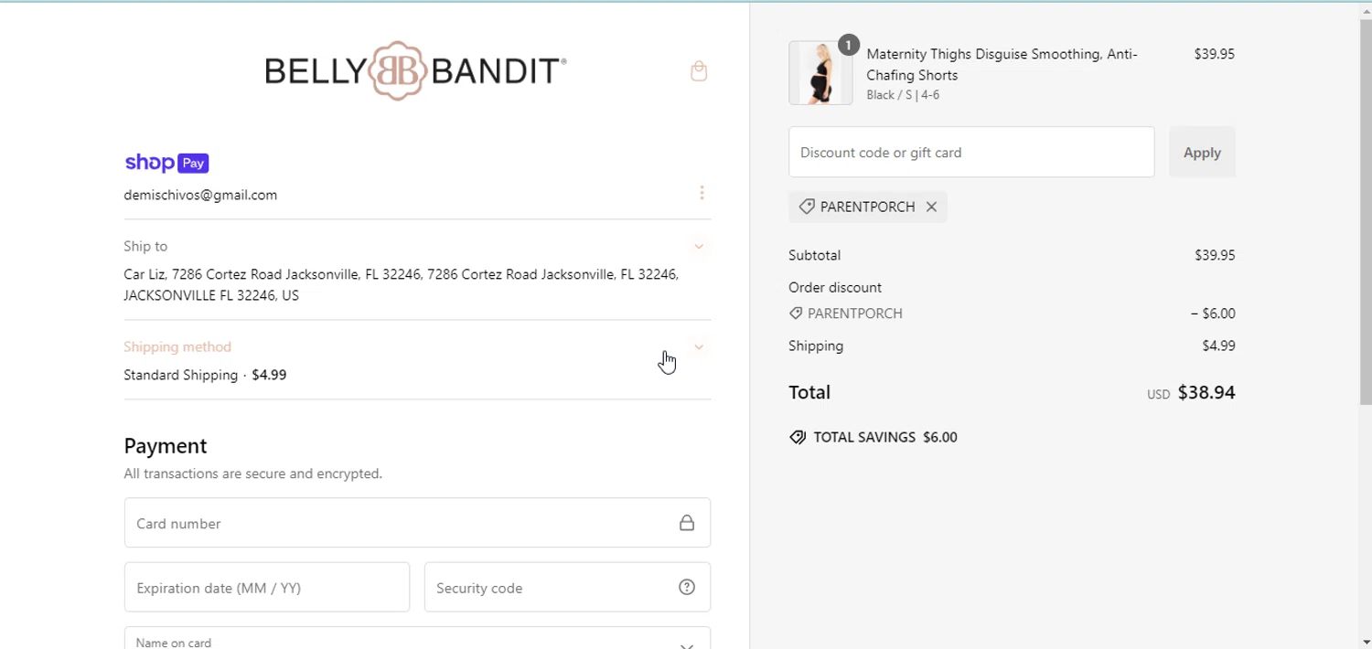 Belly Bandit discount code screenshot showing code PARENTPORCH applied at Belly Bandit checkout page. Uploaded by SimplyCodes community member RewardMonarch5847 on Jan 17, 2025