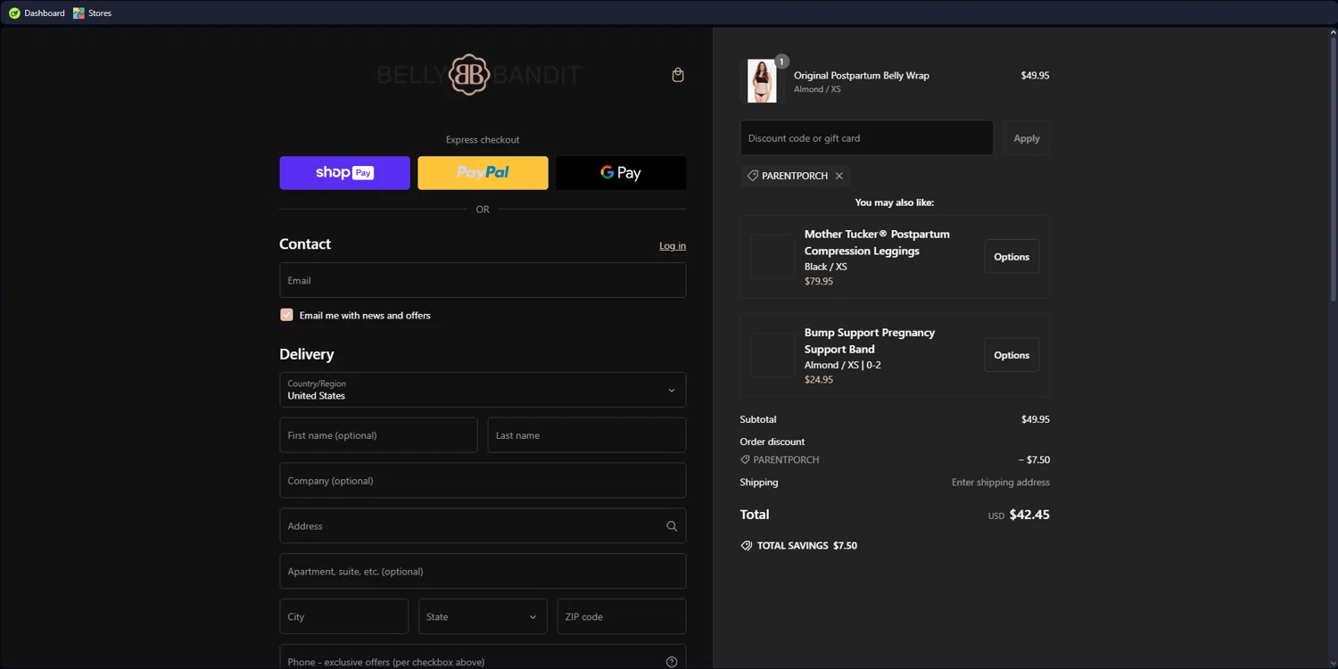 Belly Bandit discount code screenshot showing code PARENTPORCH applied at Belly Bandit checkout page. Uploaded by SimplyCodes community member yunexxx on Feb 15, 2025