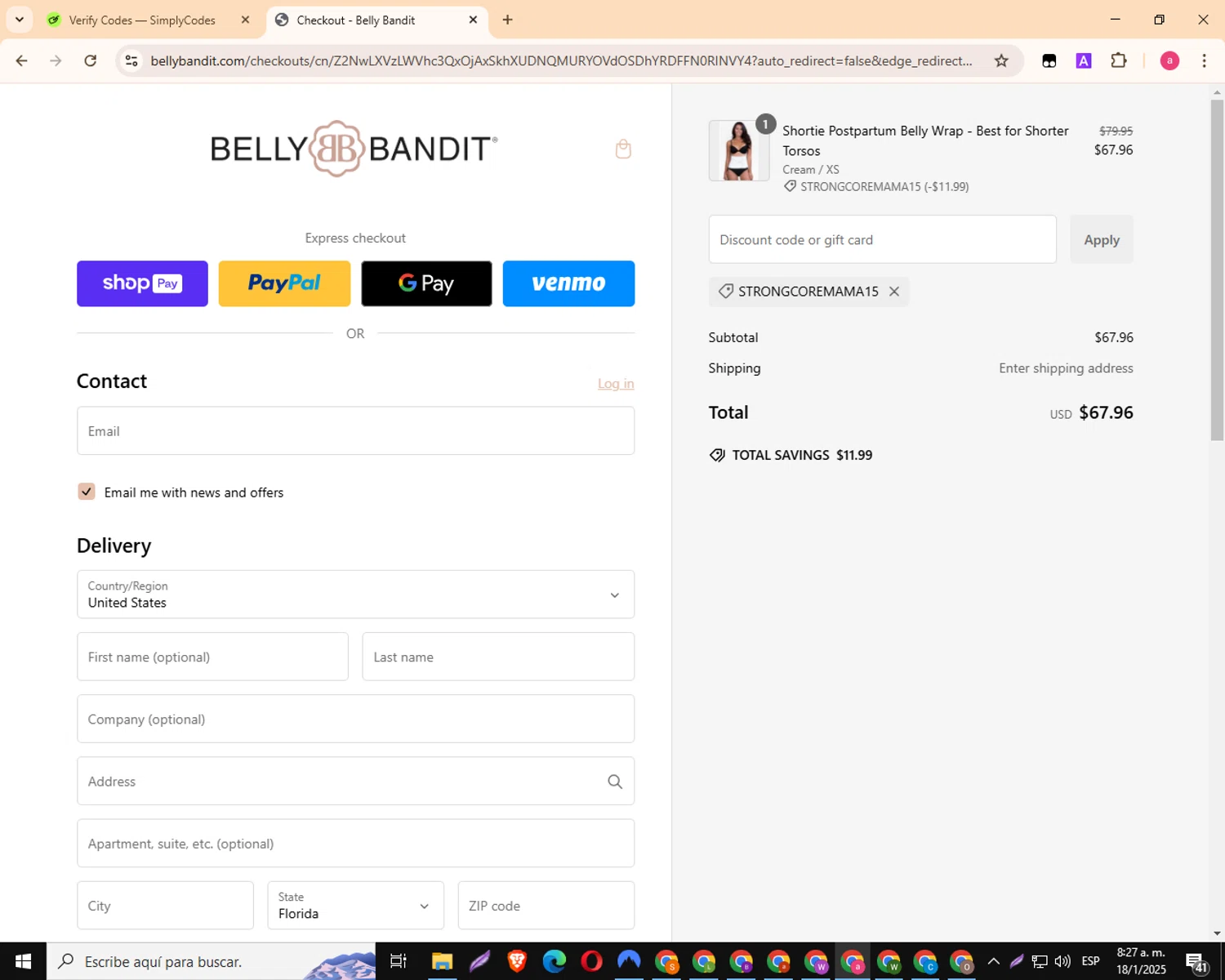 Belly Bandit discount code screenshot showing code STRONGCOREMAMA15 applied at Belly Bandit checkout page. Uploaded by SimplyCodes community member MagnificentKnight3359 on Jan 18, 2025