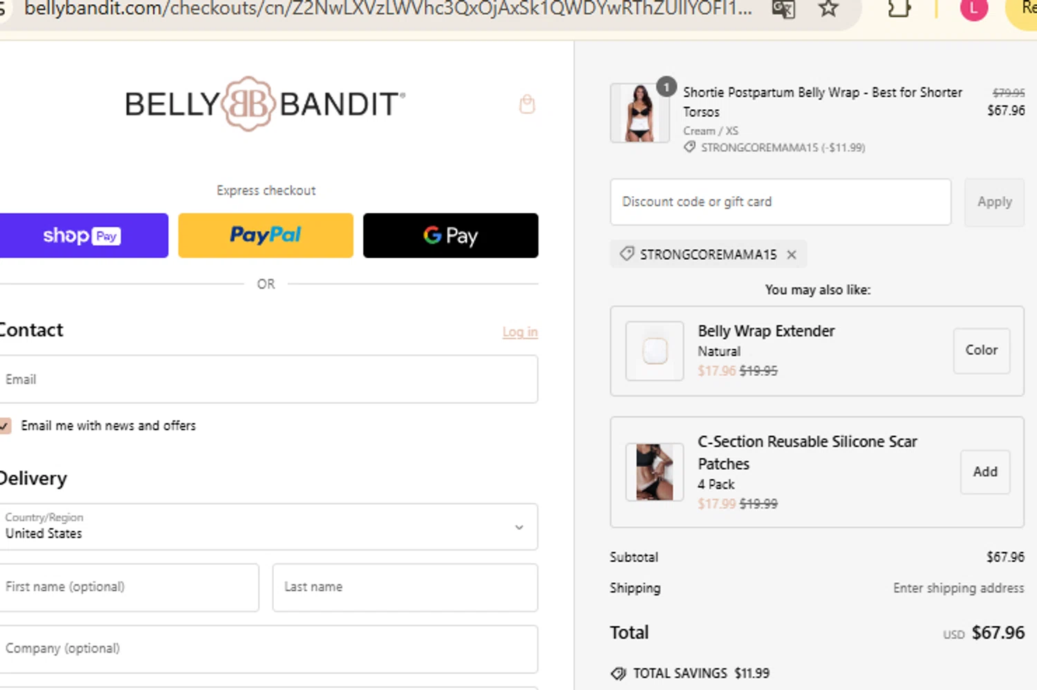 Belly Bandit discount code screenshot showing code STRONGCOREMAMA15 applied at Belly Bandit checkout page. Uploaded by SimplyCodes community member RewardFinder4836 on Feb 22, 2025