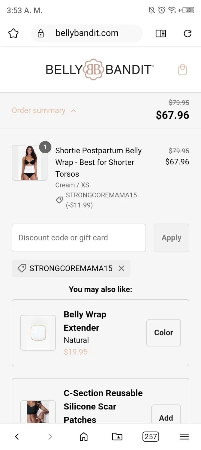Belly Bandit discount code screenshot showing code STRONGCOREMAMA15 applied at Belly Bandit checkout page. Uploaded by SimplyCodes community member CouponSpotter227 on Feb 11, 2025