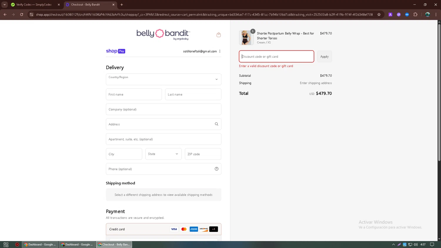 Belly Bandit discount code screenshot showing code BELLYBANDITDEAL15 applied at Belly Bandit checkout page. Uploaded by SimplyCodes community member neurioandrades on Aug 17, 2025