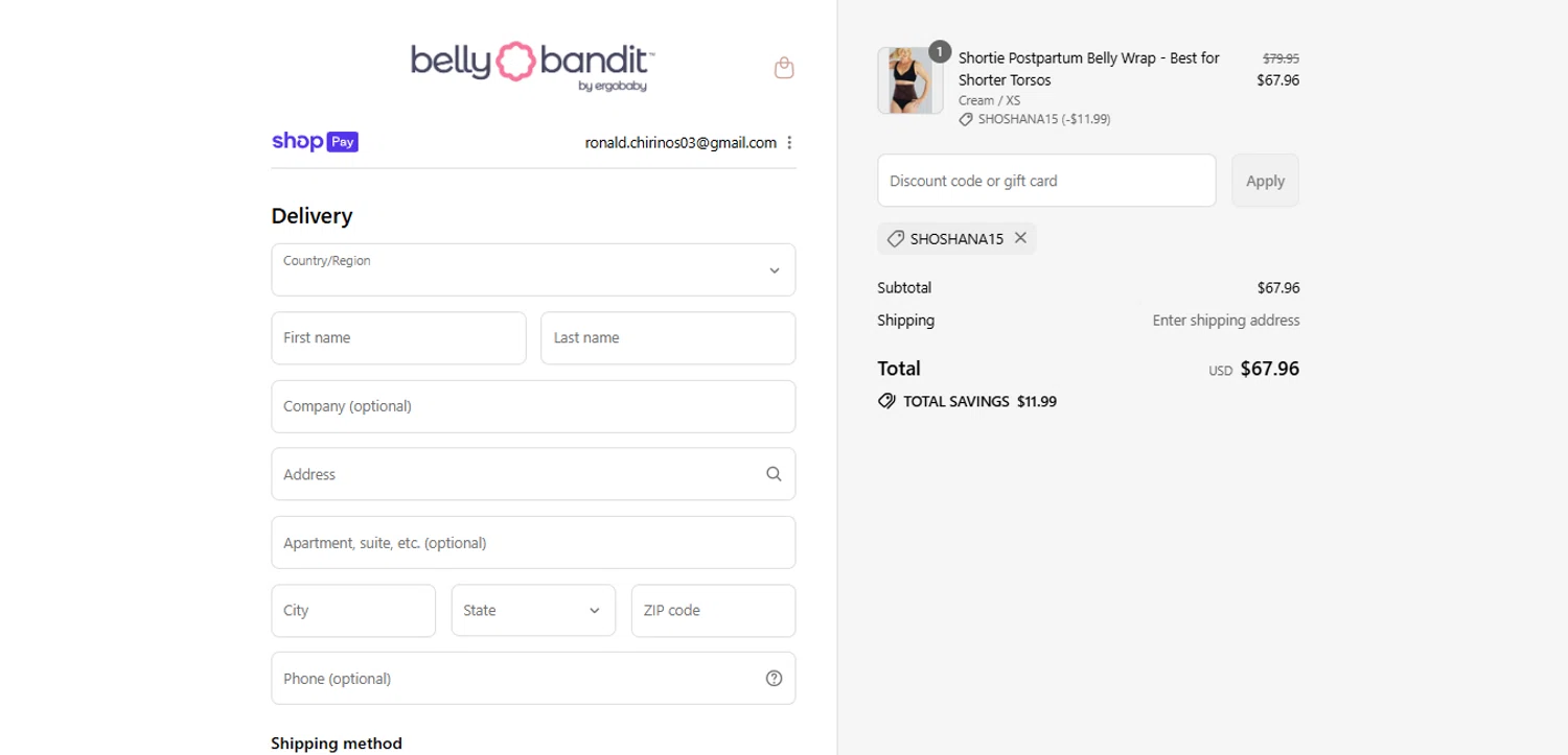 Belly Bandit discount code screenshot showing code SHOSHANA15 applied at Belly Bandit checkout page. Uploaded by SimplyCodes community member FortunateElite5130 on Aug 5, 2025
